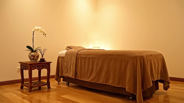 Massage bed with brown blanket on wooden floor in cozy room featuring orchid flower and aroma diffuser, warm soft lighting creating relaxing spa atmosphere for wellness treatments