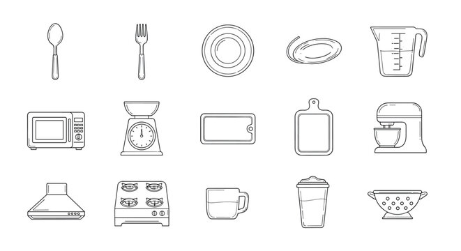 Linear kitchen utensils and appliances outline set for culinary design projects
