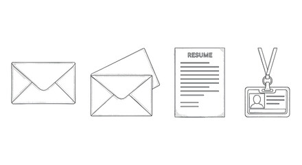 Hand-drawn resume and office essentials: envelopes, documents, id badge