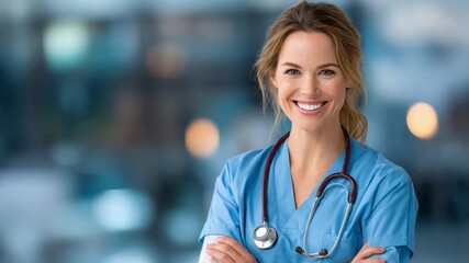 Compassionate Care: A confident and caring nurse radiates warmth and professionalism, exuding dedication to health care and displaying empathy, support and reassurance.