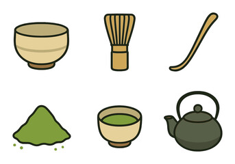 Traditional japanese matcha ceremony tools and green tea elements