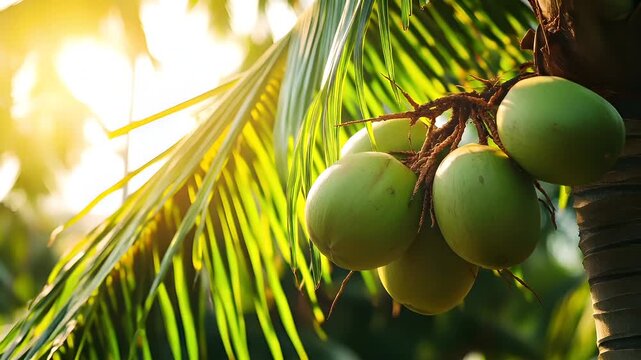 A closeup shot of a palm tree with green coconuts hanging from its branches. The sun casts a warm, golden hue over the scene, creating a serene atmosphere. The trees leaves are a vibrant green.