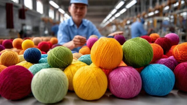 Colorful Yarn Balls: A vibrant tapestry of colorful yarn balls, meticulously arranged, showcases the art of textile production in a bustling industrial setting.
