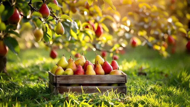 A vivid, sunlit scene of a wooden crate filled with ripe pears on a grassy field.