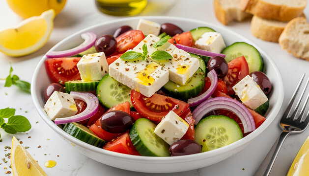Crunchy cucumbers, ripe tomatoes, and briny olives frame generous feta cubes in a beautifully styled Greek salad perfect for a light Mediterranean meal. - Powered by Adobe