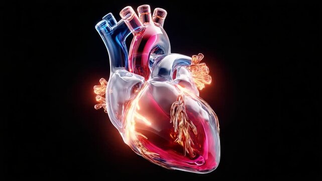 Anatomical Heart: An intricately detailed rendering of the human heart, with radiant veins, arteries and chambers that subtly glow, set against a dark background.