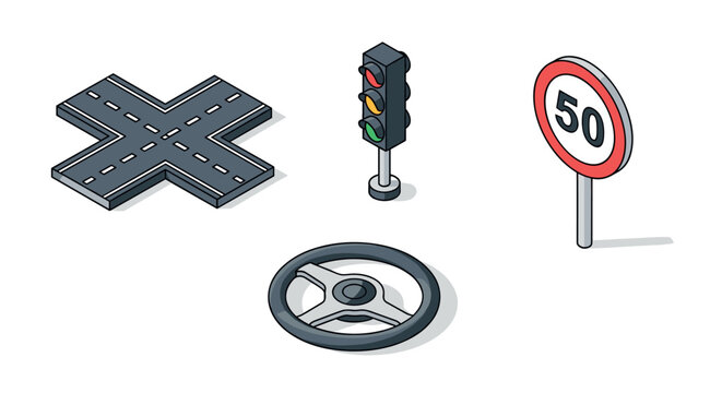 Isometric traffic elements with road intersection, traffic light, steering wheel, and speed limit sign - Powered by Adobe