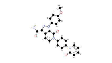 apixaban molecule, structural chemical formula, ball-and-stick model, isolated image anticoagulant