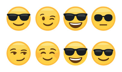 Collection of eight diverse emojis with sunglasses and expressions on gold background