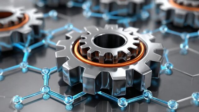 Mechanized Harmony: An artful composition of interlocking gears, embodying precision and interconnectedness, set against a blurred background.