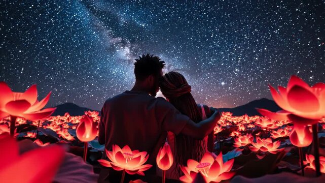 Romantic couple embracing under a brilliant starry night sky in a field of glowing red lotus flowers at night