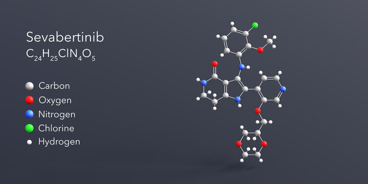 sevabertinib molecule 3d rendering, flat molecular structure with chemical formula and atoms color coding