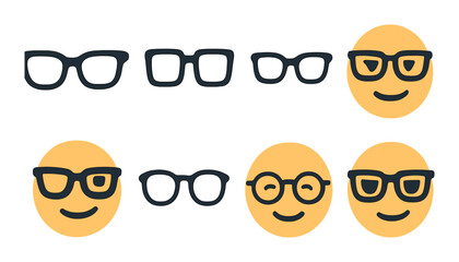 Stylized emoji faces with glasses in neon yellow and black theme