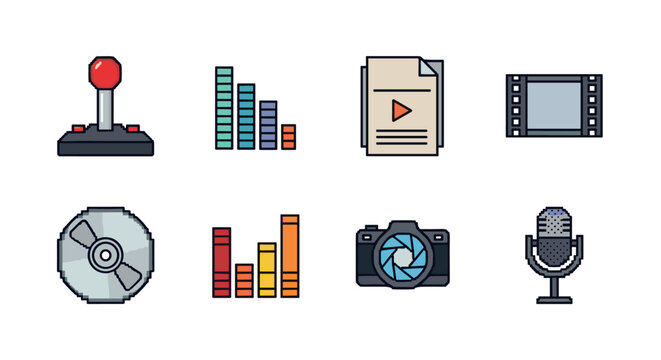 Retro gaming and media icons in pixel art style for digital and multimedia projects