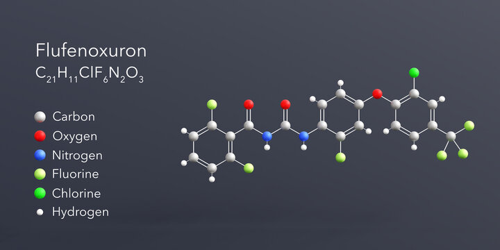 flufenoxuron molecule 3d rendering, flat molecular structure with chemical formula and atoms color coding