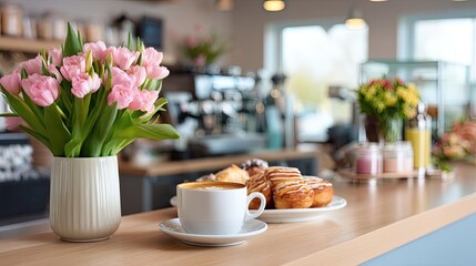 Fresh flowers, aromatic coffee, and delightful pastries create a warm and inviting atmosphere in a cozy cafe setting with natural light and vibrant decor