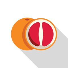 Grapefruit whole and half showing red juicy flesh with a long shadow