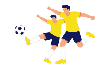 Obraz premium Two soccer players in yellow jerseys kicking a ball