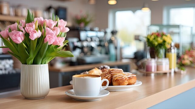 Fresh flowers, aromatic coffee, and delightful pastries create a warm and inviting atmosphere in a cozy cafe setting with natural light and vibrant decor