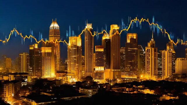 Financial Skyline: A modern cityscape glows with financial vitality under a starlit night, illuminated with a golden financial trend line, symbolizing the ebb and flow of global economics.