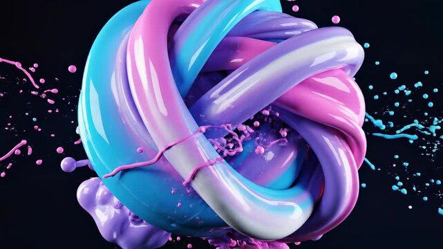 Extreme macro close-up of thick neon pink and cyan liquid streams colliding and merging slowly under simulated zero gravity conditions dynamic, background, fluid dynamics