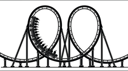 Roller coaster silhouette, vertical loops, thrill ride, amusement park, black vector, extreme attraction, looping track, adrenaline, fun, physics concept © Creatives Sakib