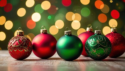 Fototapeta premium Festive Christmas ornaments in red and green with golden details on a wooden surface with bokeh lights.