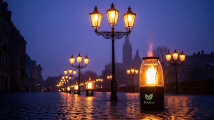 Illuminated Street Lamps Glowing on Cobblestone Street at Dusk