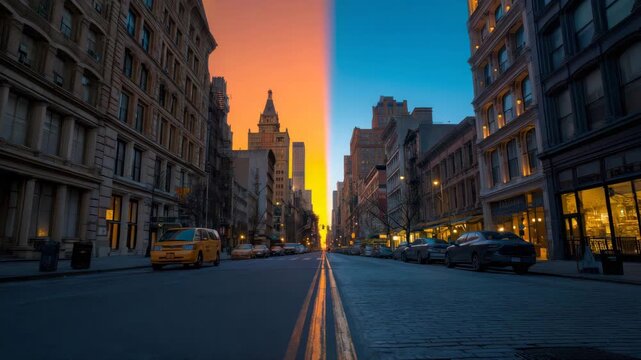 City street sunrise split between day and night