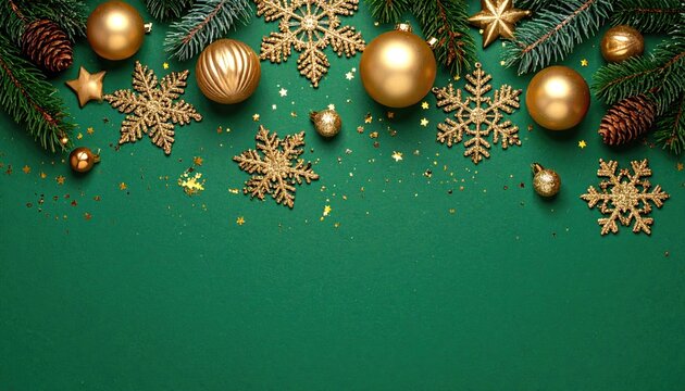 Elegant Gold Christmas Ornaments and Pine Branches on Green Background.