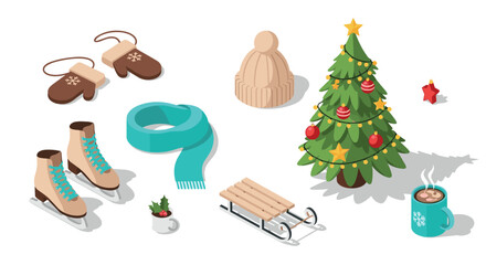 Isometric christmas elements with tree, mittens, skates, and sled on white background