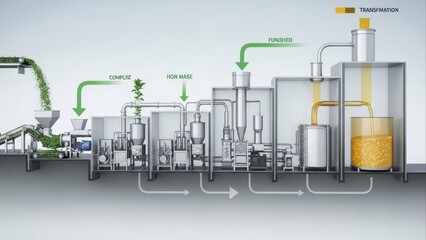 Industrial Manufacturing Process Displaying Green Plant Transformation Diagram