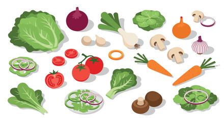 Fresh vegetable selection with isometric style including leafy greens and root vegetables