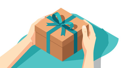 Hands holding a gift box with blue ribbon in isometric style on turquoise background