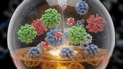 Colorful Molecular Structures Floating in Clear Flask with Golden Liquid
