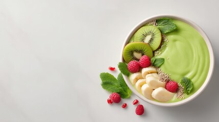 Vibrant Green Smoothie Bowl Topped with Fresh Kiwi, Banana, Raspberries, and Mint Leaves on Light Marble Background