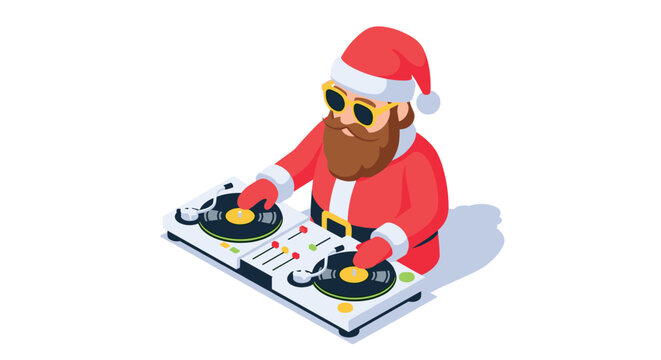 Santa claus dj mixing on turntables in festive christmas outfit isometric style