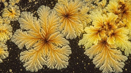 Golden Floral Crystal Growth on Dark Background Macro Abstract