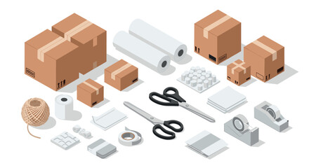 Comprehensive packing supplies set with isometric cardboard boxes and office tools