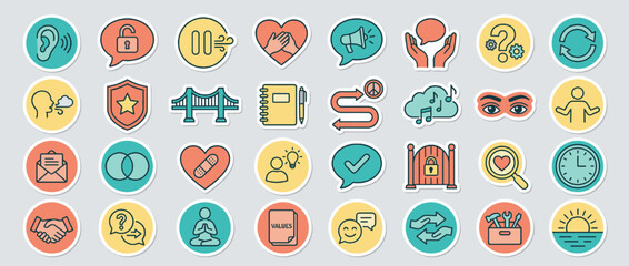 Communication and self-care icon set. including listening, support, mindfulness, security, growth, creativity, and more. Vector collection