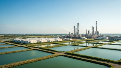 Industrial Plant and Aquaculture Ponds Under Bright Blue Sky