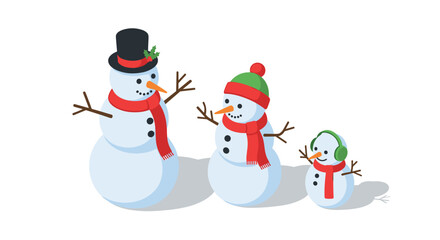 Festive snowmen family in winter attire celebrating the holiday season in charming isometric design