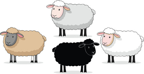 Cute Cartoon Sheep Set with Different Wool Colors Farm Animal Characters Flat Vector Illustration Isolated on White