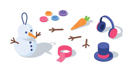 Winter craft elements: isometric snowman kit with accessories and decorations