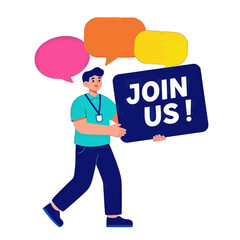 Young man holding join us sign with speech bubbles