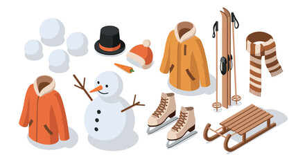 Winter activity icons: snowman, skating, and skiing gear in isometric style