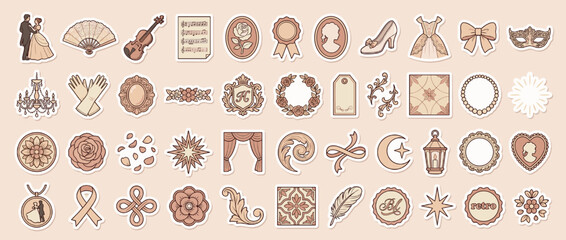 Wedding and romance icon set. containing bride, groom, bouquet, ring, dress, heart, rose, veil, shoes, cake and more. Vector collection