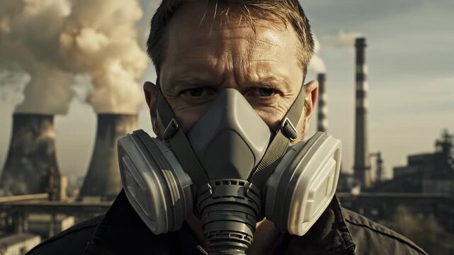 Worried man wearing a respirator standing in front of smoking factory chimneys, representing a concept of industrial pollution, climate change, and the negative effects on human health
