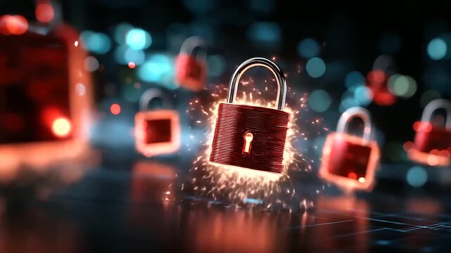 Red padlocks floating in digital environment, defocused futuristic interface, cybersecurity breach concept, data protection warning, cyber space visualization, security threat illu