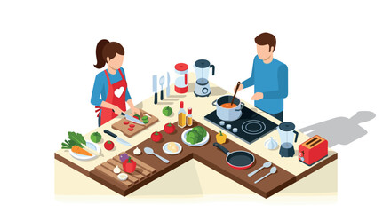 Isometric kitchen scene with couple cooking together in modern home